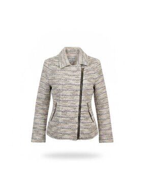 Lucky Brand Womens Beige Striped Moto Jacket With Zipper Closure Size S